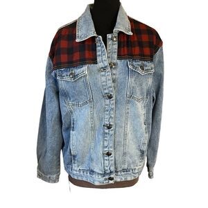 Crazytrain  Mountain Morning Woman' Denim Jacket Size L Red And Navy Check